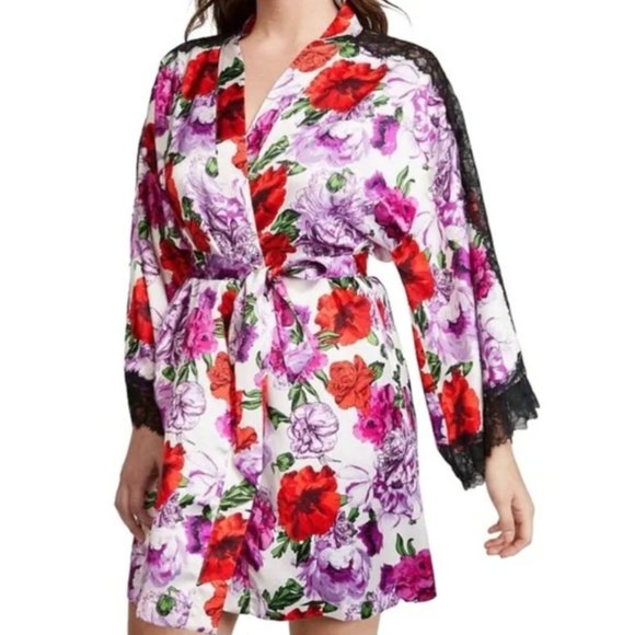 VICTORIA'S SECRET White Summer Floral Satin Kimono Lace Inset Robe Lingerie 3J15 - Picture 2 of 6